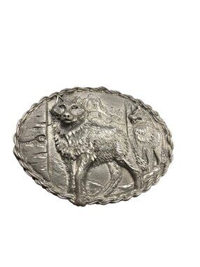 EJC VTG pewter USA made wolf western style belt buckle 3"x3.5"x1/4" SKU 10-034